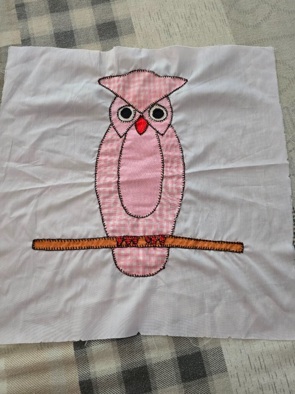 Vintage Fabric Panel Handmade Owl Handstitched Pink Gingham Pillow Panel